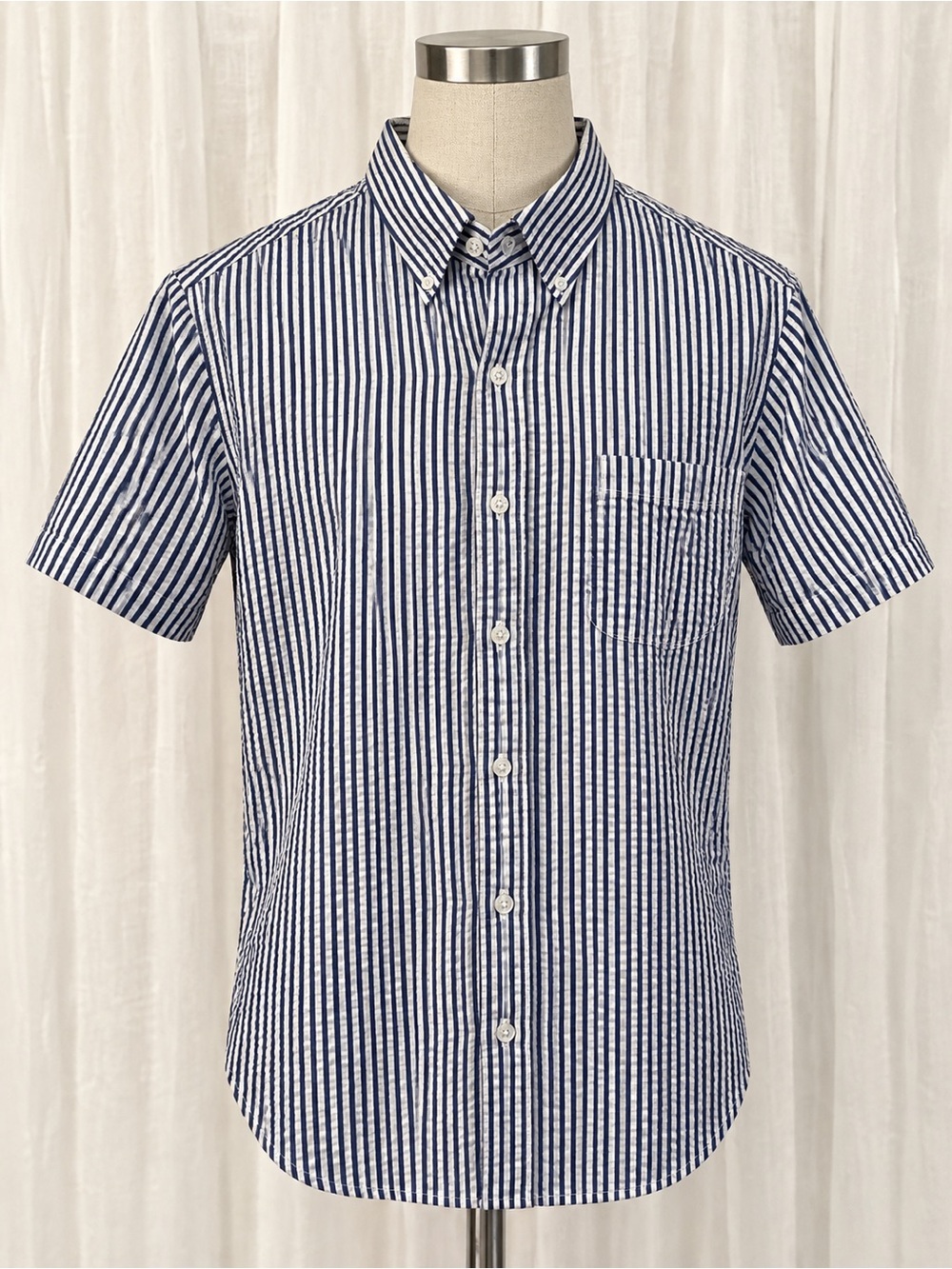 Lands' End Navy and White Striped Short-Sleeve Button-Down Shirt
